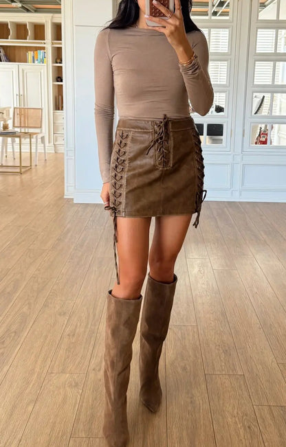 Tan Rope Detailed Faux Leather Skirt