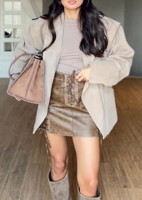 Tan Rope Detailed Faux Leather Skirt
