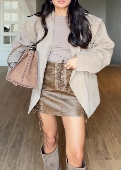 Tan Rope Detailed Faux Leather Skirt