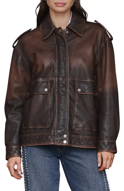 Pieced Back Leather Bomber Jacket