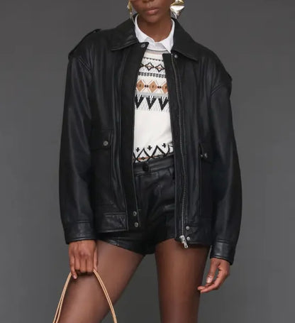 Pieced Back Leather Bomber Jacket