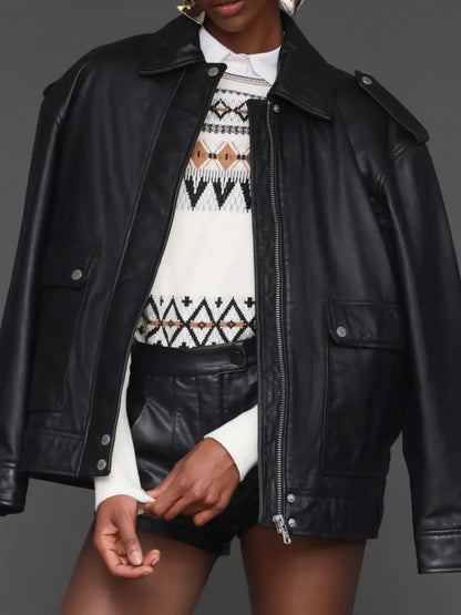 Pieced Back Leather Bomber Jacket