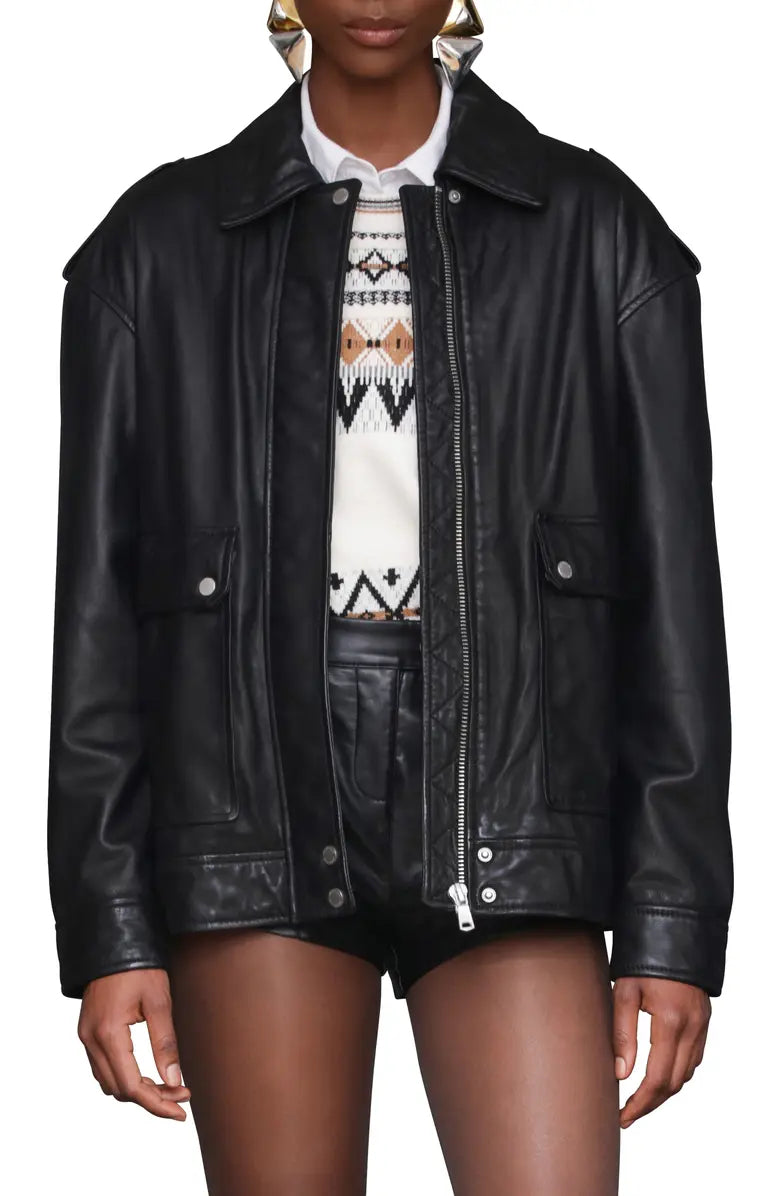 Pieced Back Leather Bomber Jacket