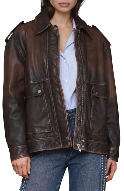 Pieced Back Leather Bomber Jacket
