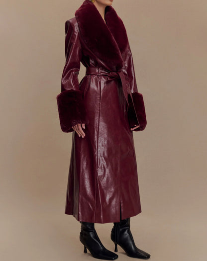 Faux Leather Trench Coat With Faux Fur