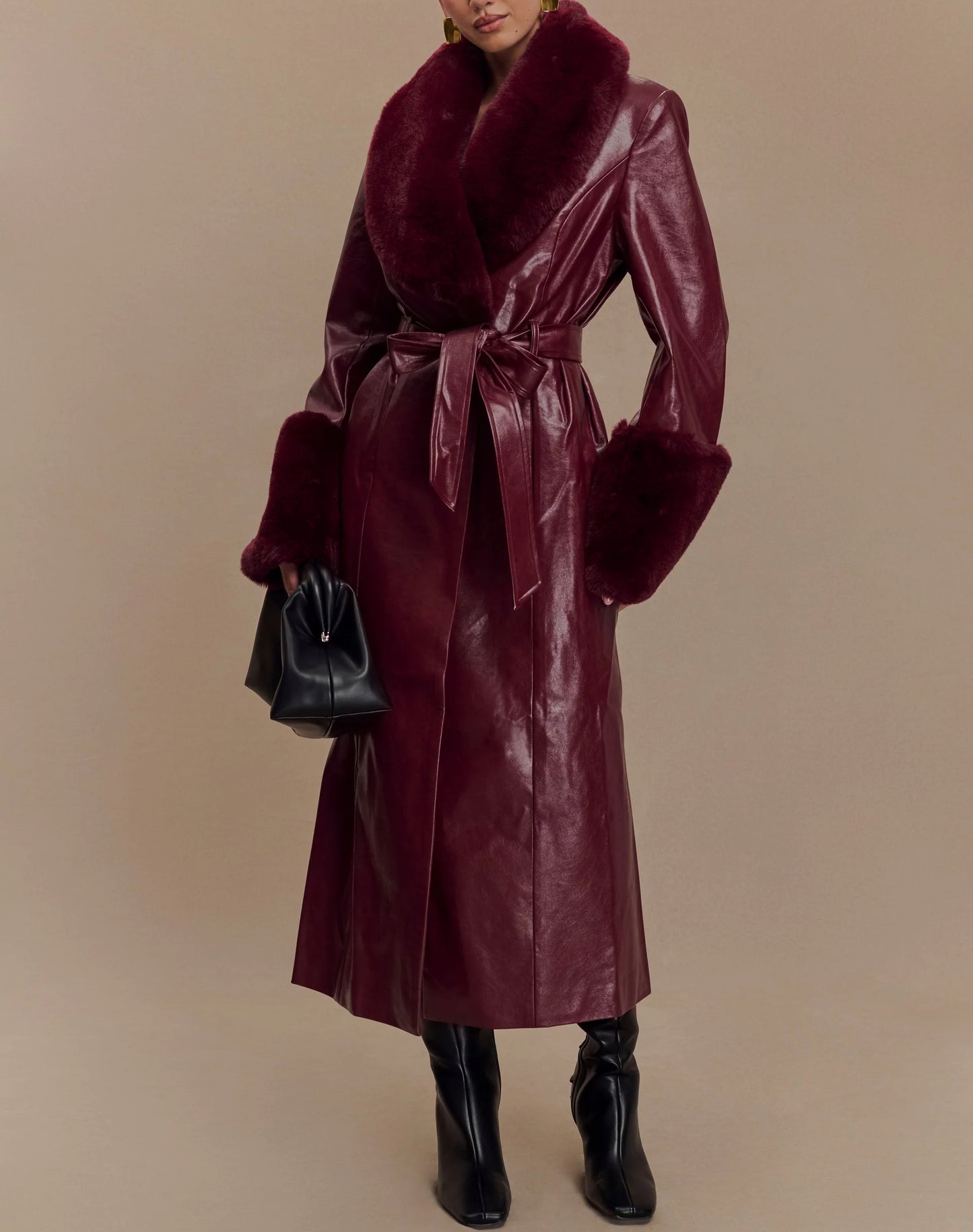 Faux Leather Trench Coat With Faux Fur