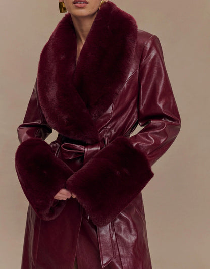 Faux Leather Trench Coat With Faux Fur