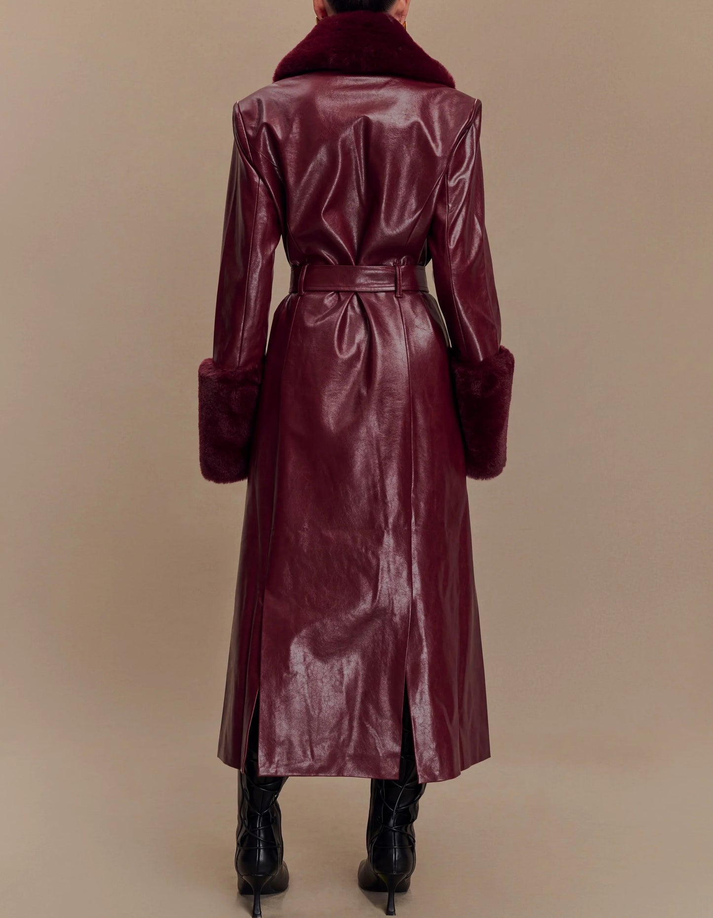 Faux Leather Trench Coat With Faux Fur