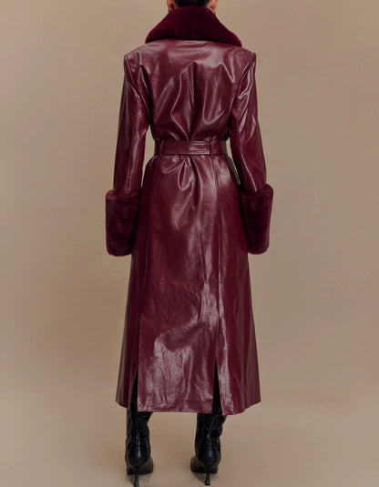 Faux Leather Trench Coat With Faux Fur