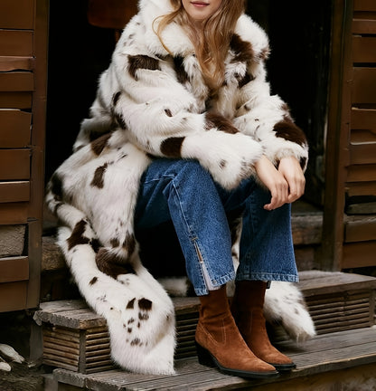 Oversized Longline Faux Fur Coat In Cow Print