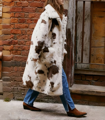 Oversized Longline Faux Fur Coat In Cow Print