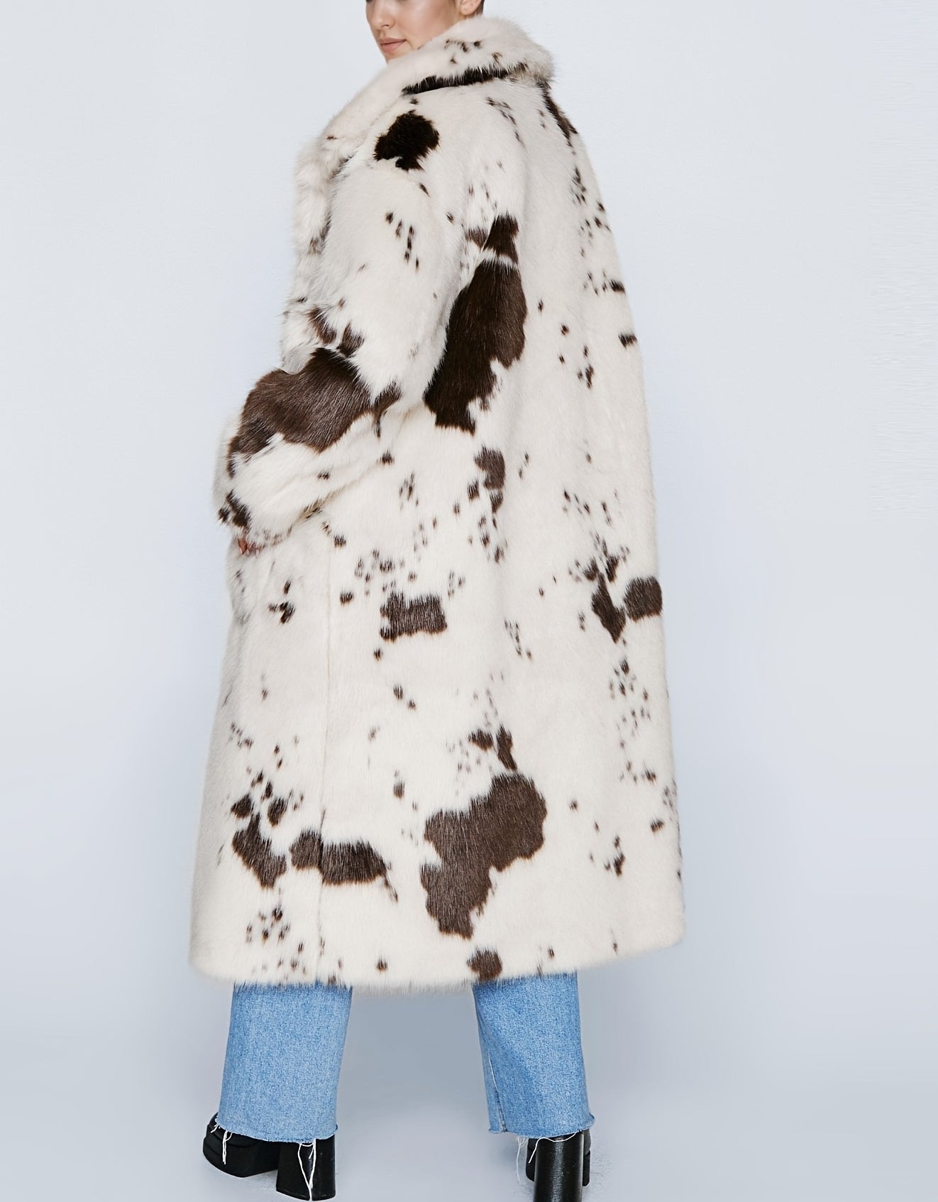 Oversized Longline Faux Fur Coat In Cow Print