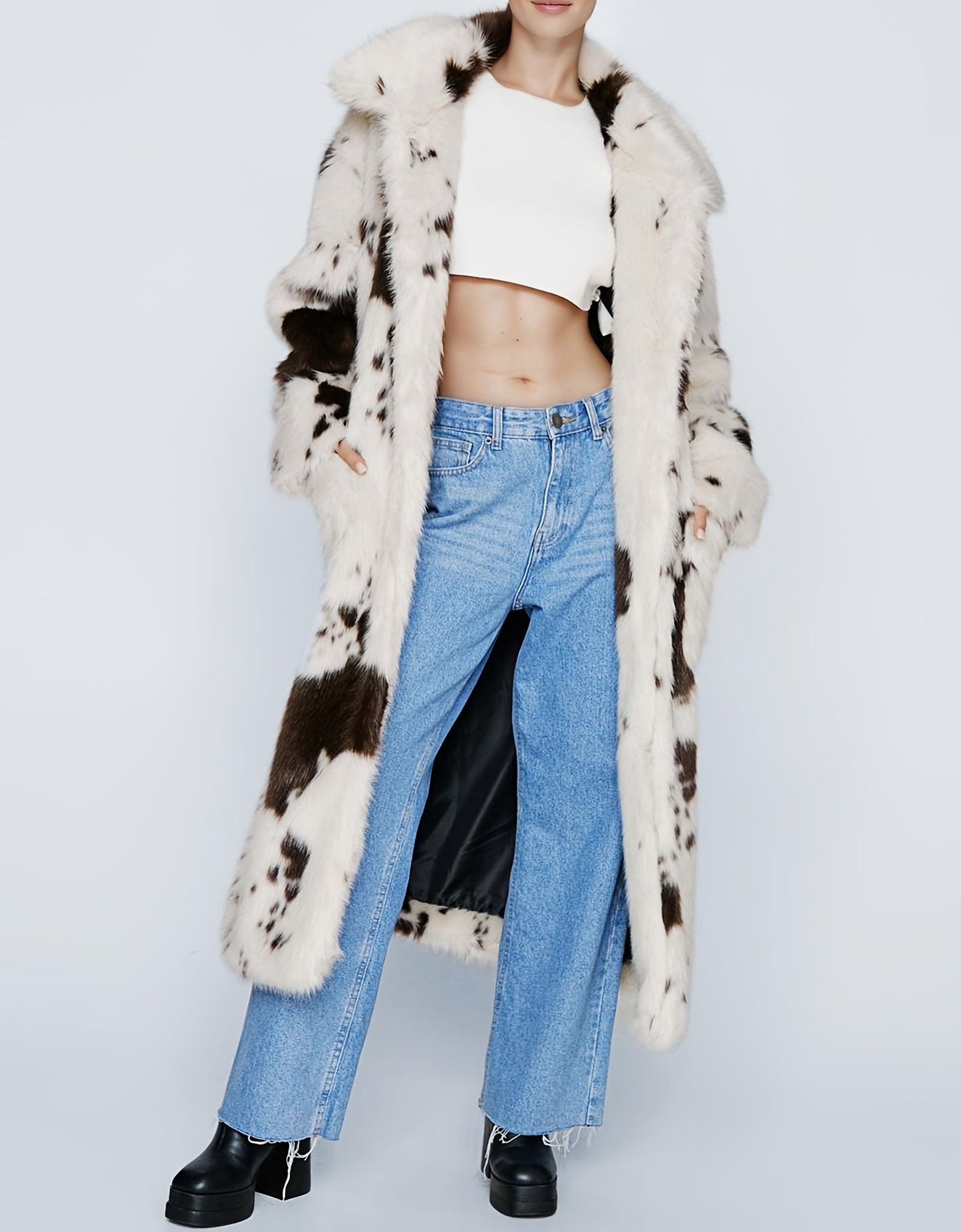 Oversized Longline Faux Fur Coat In Cow Print