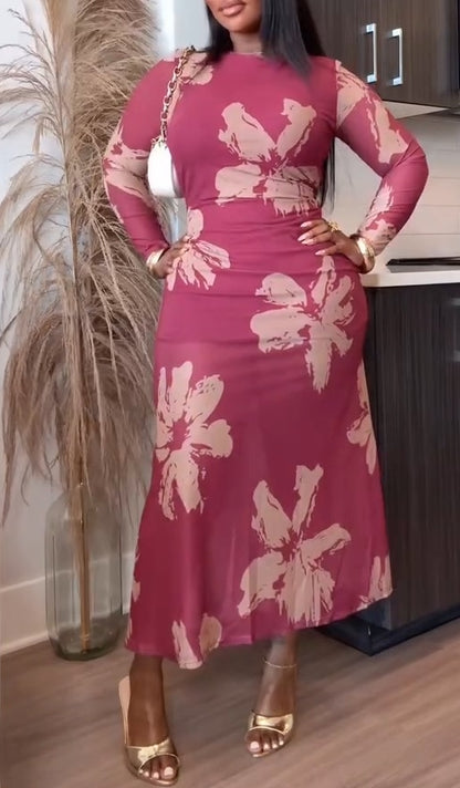 Long Sleeve Floral Mesh Maxi Dresses