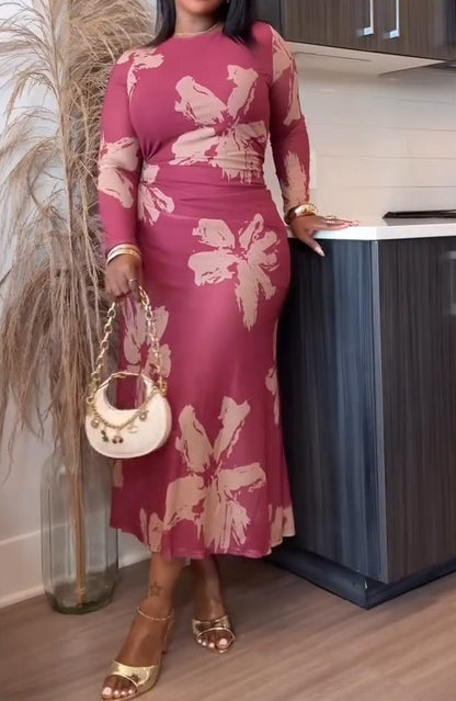 Long Sleeve Floral Mesh Maxi Dresses