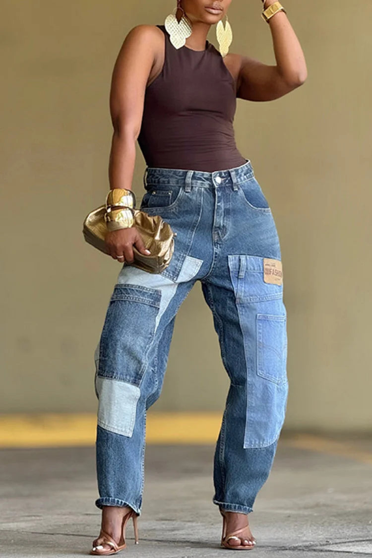 Plus Size Daily Blue Pocket Casual Contrast Denim Jeans