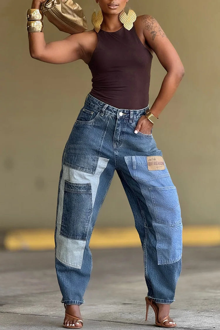 Plus Size Daily Blue Pocket Casual Contrast Denim Jeans