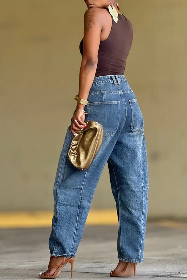 Plus Size Daily Blue Pocket Casual Contrast Denim Jeans