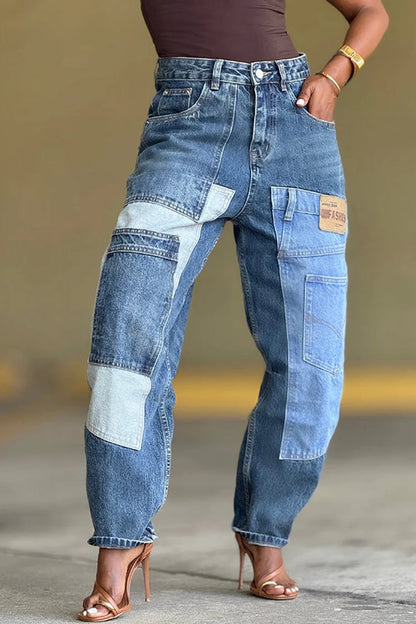Plus Size Daily Blue Pocket Casual Contrast Denim Jeans