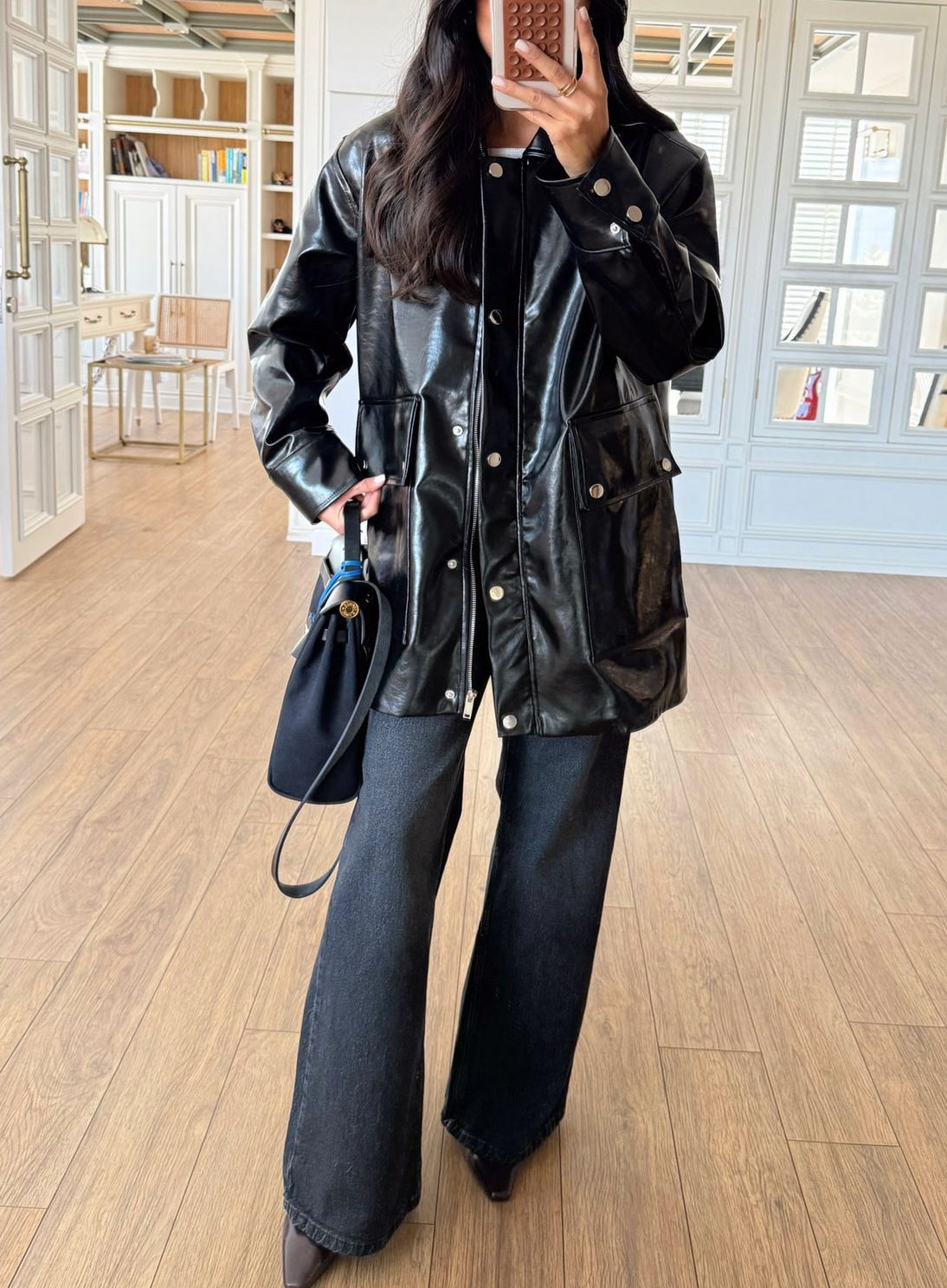 Shiny Leather Jacket With Button Detail