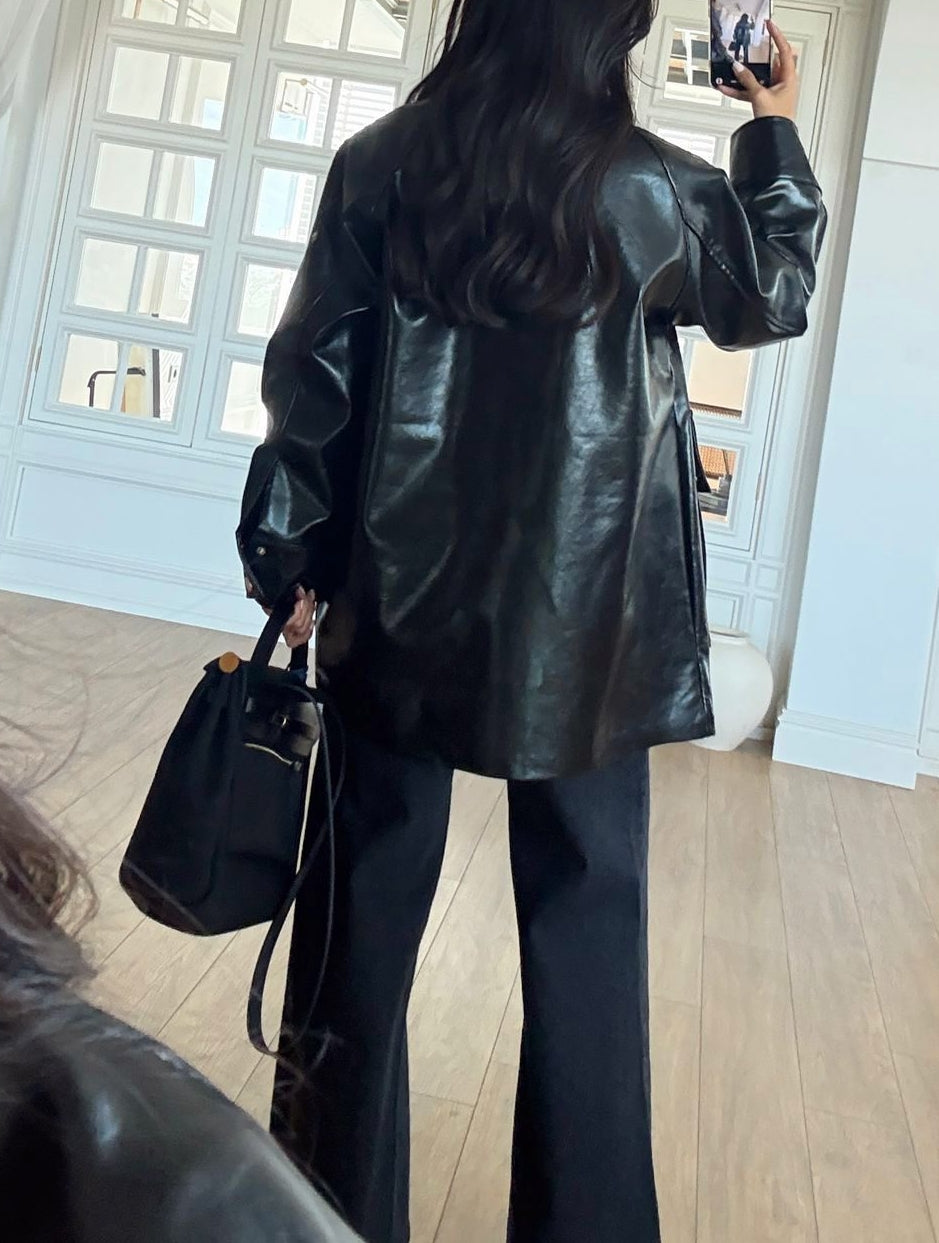 Shiny Leather Jacket With Button Detail