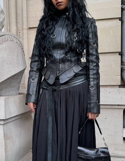 Black Leather Ring Moto Jacket