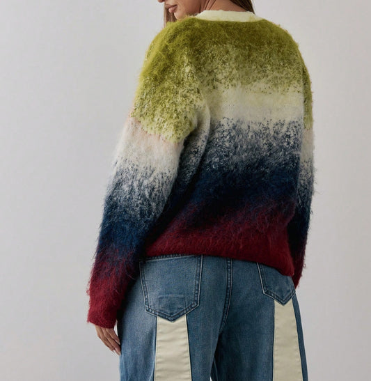 Gradient Knit Button Up V-Neck Cardigan