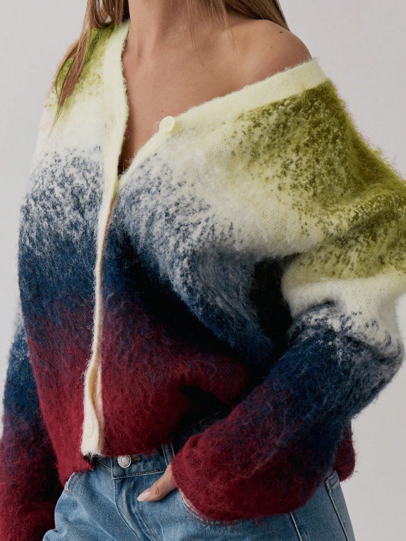 Gradient Knit Button Up V-Neck Cardigan