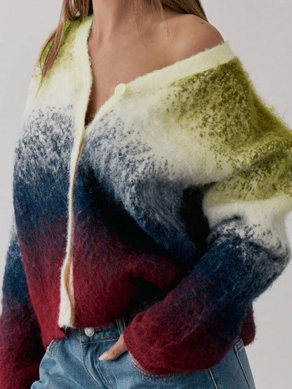 Gradient Knit Button Up V-Neck Cardigan