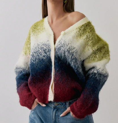 Gradient Knit Button Up V-Neck Cardigan