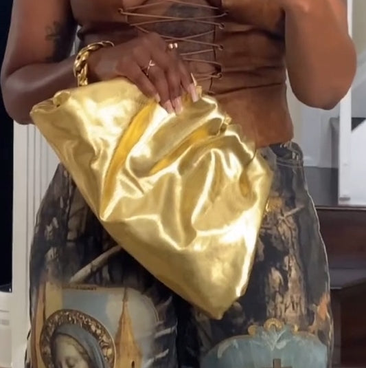 Gold Vegan Leather Pleated Handbag