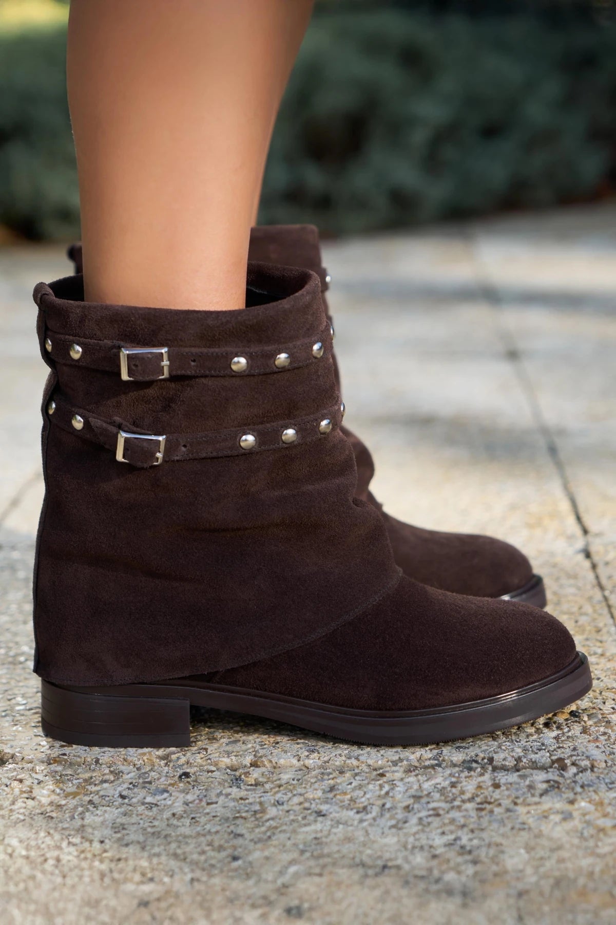 Suede Buckle Flat Boots