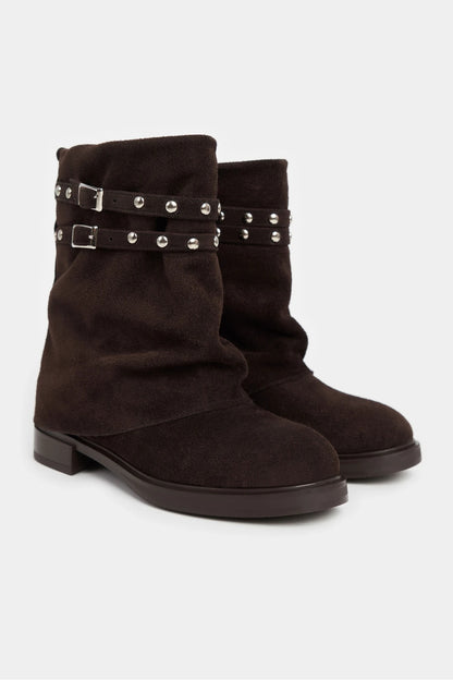 Suede Buckle Flat Boots