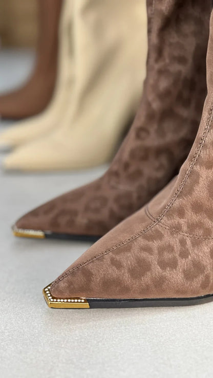 Suede Leopard Print Pointed-toe Boots