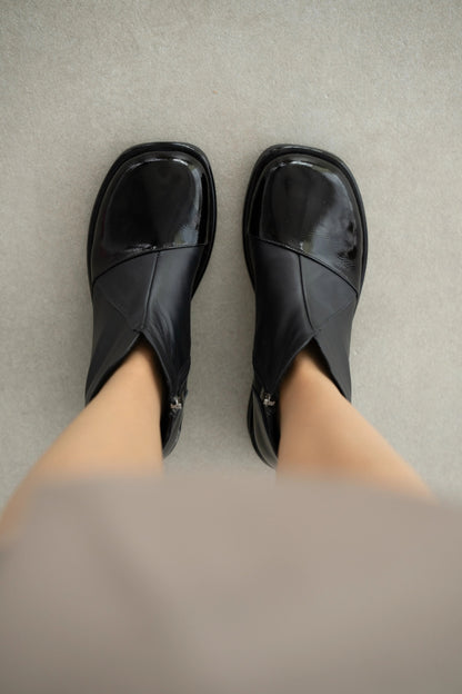 Genuine Leather Side Zippered Blunt Toe Women's Boots