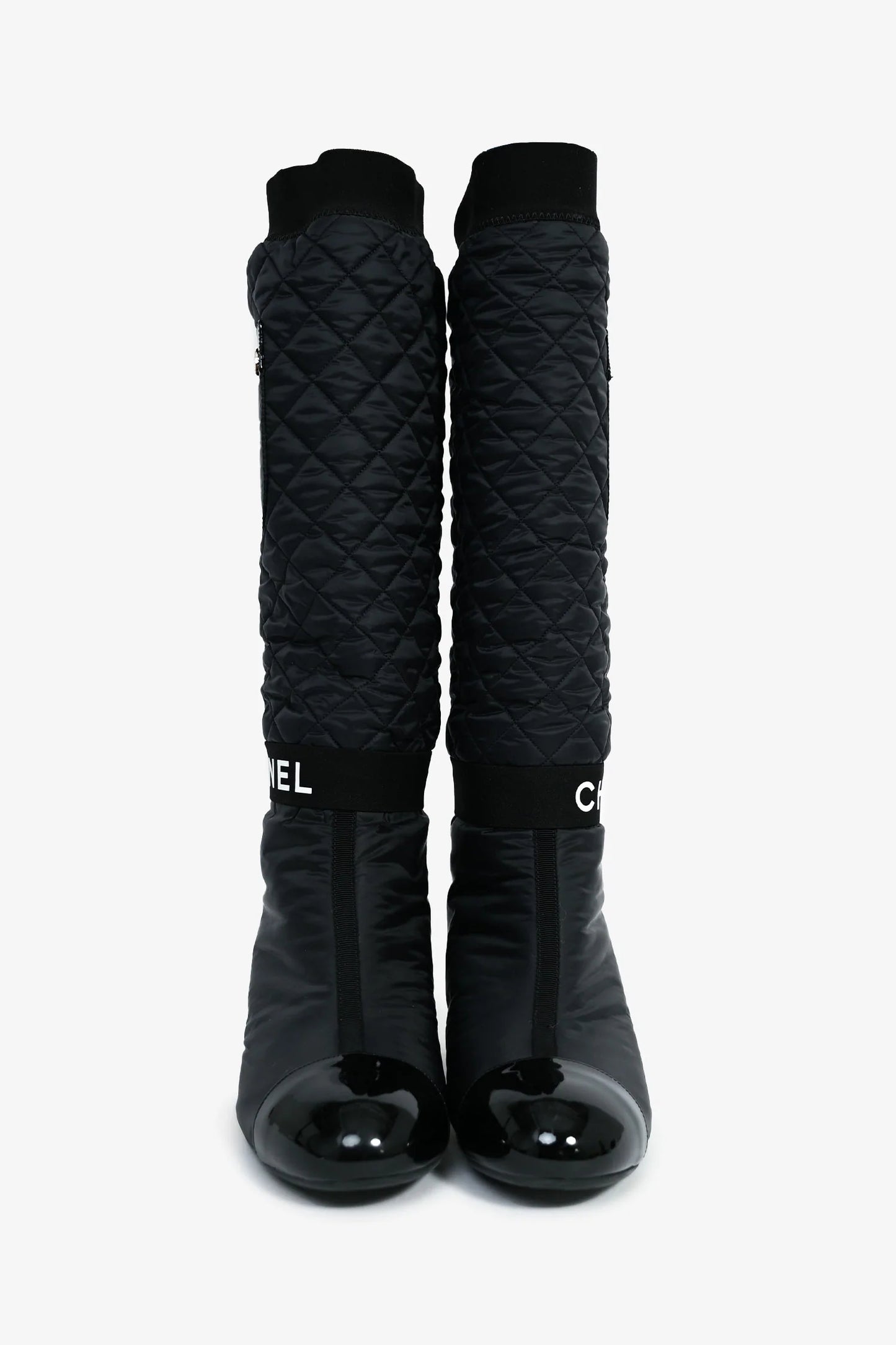 Black Nylon And Patent Leather Interlocking CC Knee High Boots