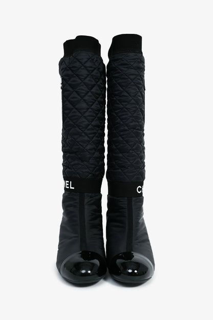 Black Nylon And Patent Leather Interlocking CC Knee High Boots