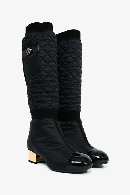 Black Nylon And Patent Leather Interlocking CC Knee High Boots