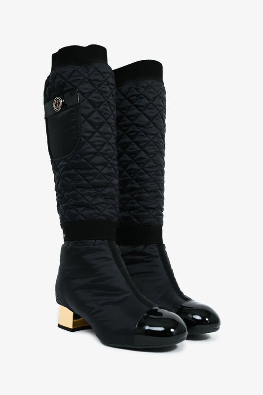 Black Nylon And Patent Leather Interlocking CC Knee High Boots