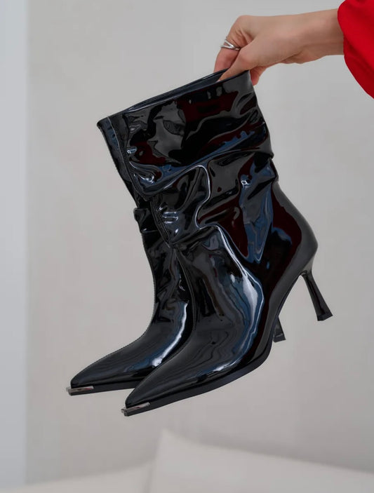 Glossy Black Stiletto Heeled Ankle Boots