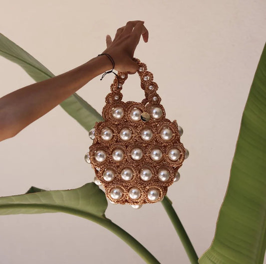 Handmade Golden Crochet Pearl Handbag