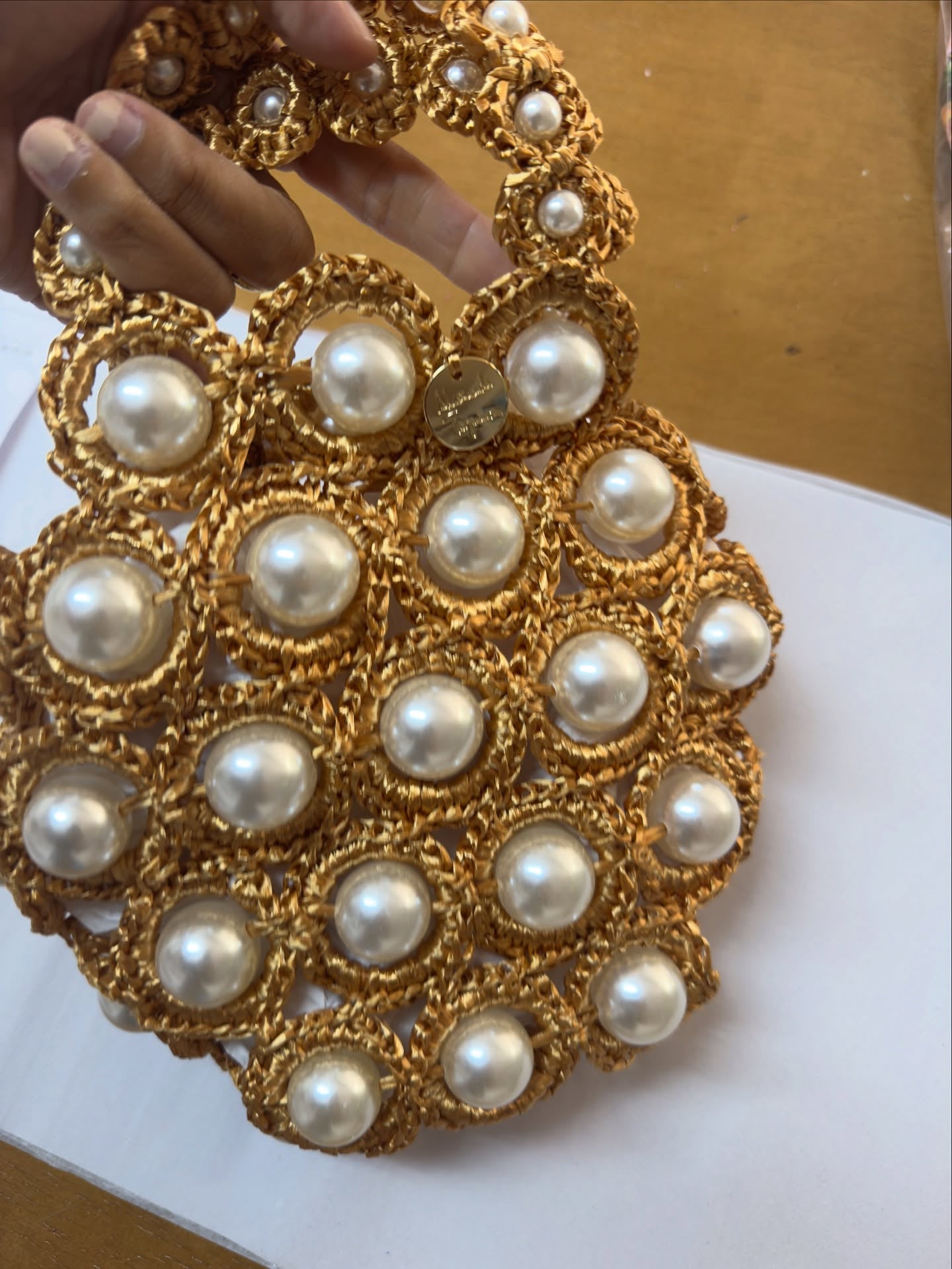 Handmade Golden Crochet Pearl Handbag