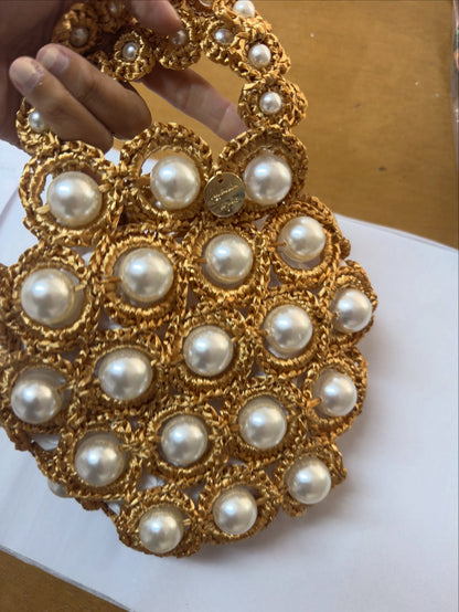 Handmade Golden Crochet Pearl Handbag