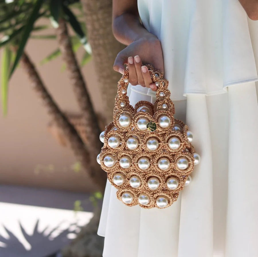 Handmade Golden Crochet Pearl Handbag