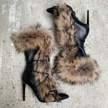 Faux Fur Cross Tied High Heels Mid-calf Boots