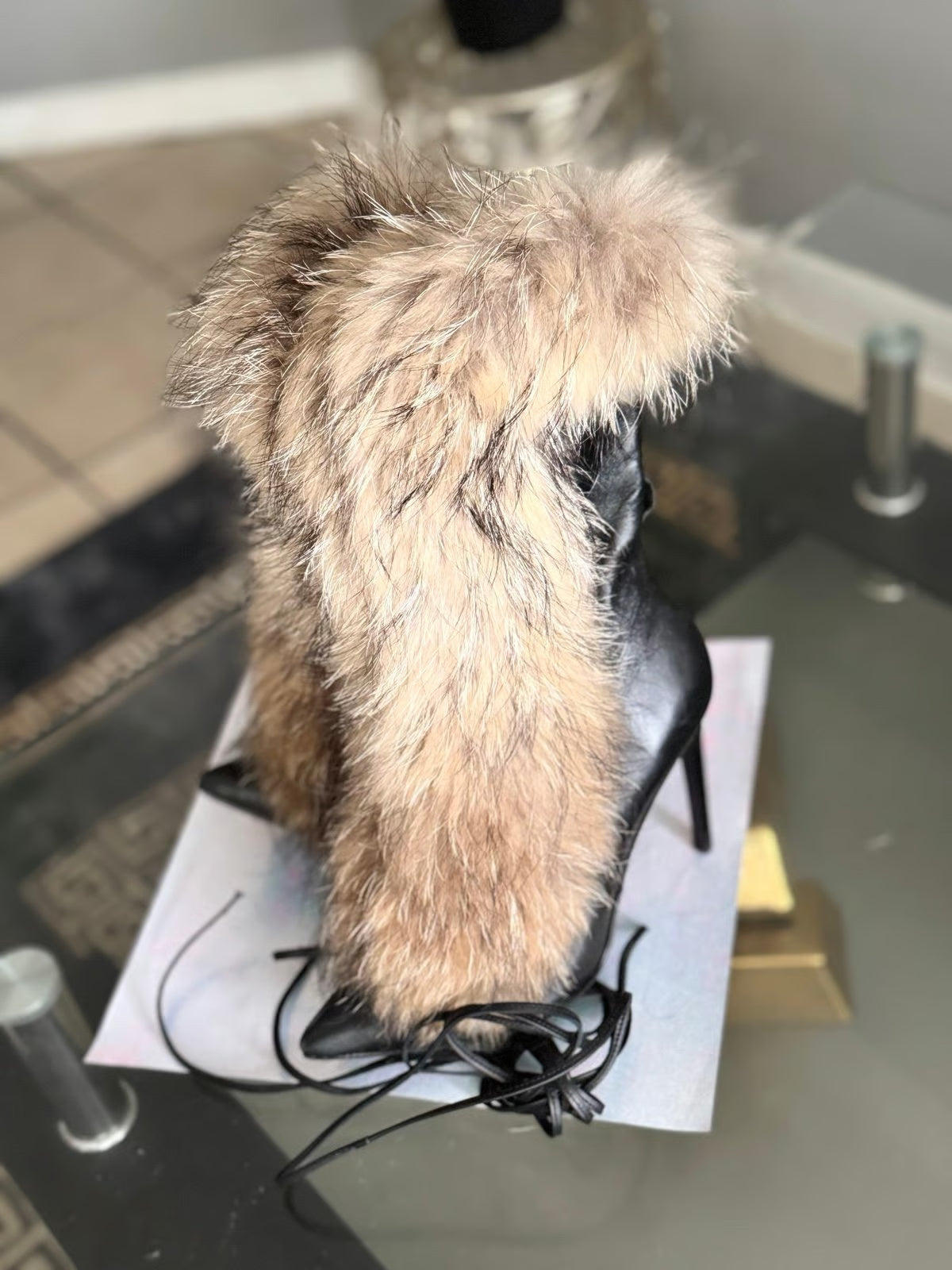 Faux Fur Cross Tied High Heels Mid-calf Boots