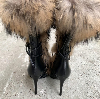 Faux Fur Cross Tied High Heels Mid-calf Boots
