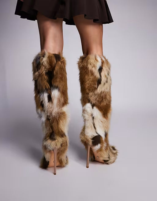 Stiletto Heel Faux Fur Knee Boots In Multi