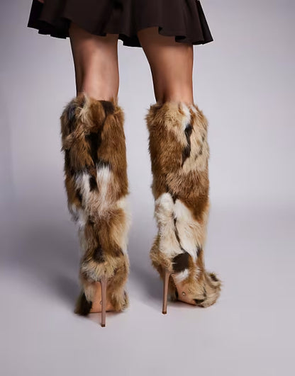 Stiletto Heel Faux Fur Knee Boots In Multi