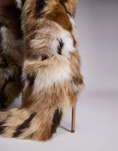 Stiletto Heel Faux Fur Knee Boots In Multi